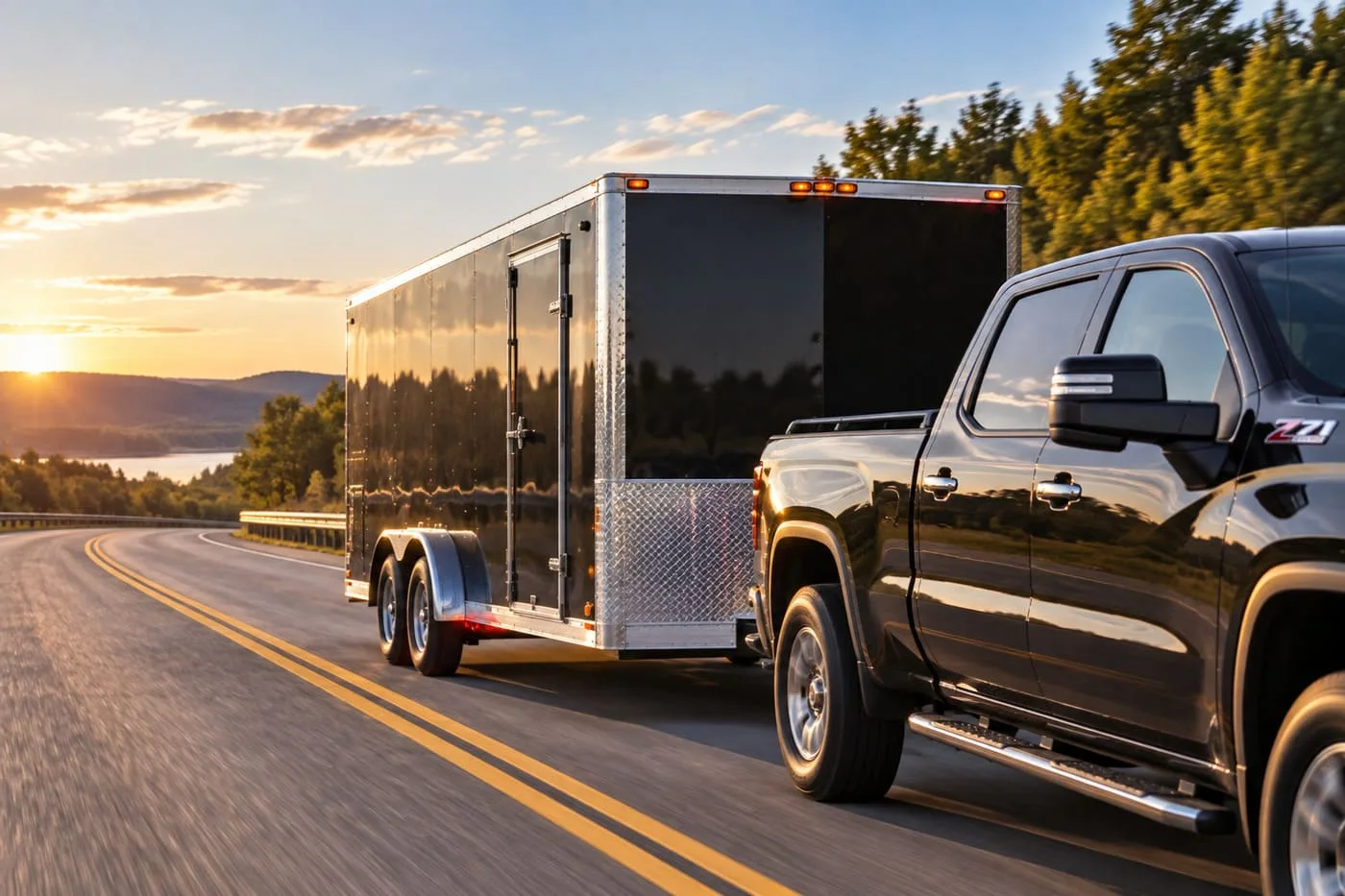 Enclosed trailer being towed on a Georgia road