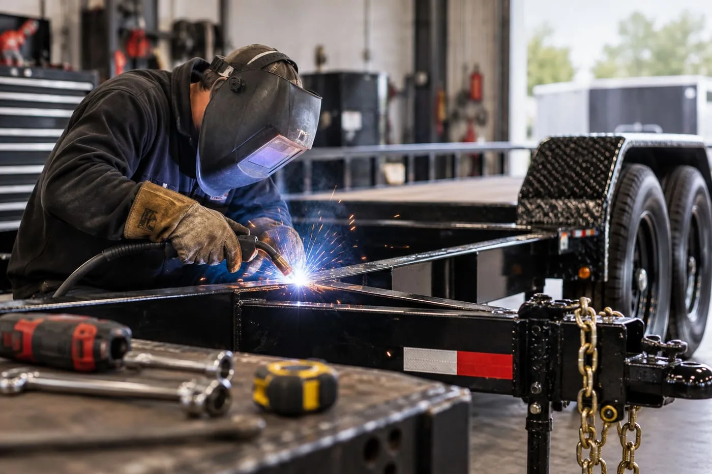 Technician performing trailer maintenance and service