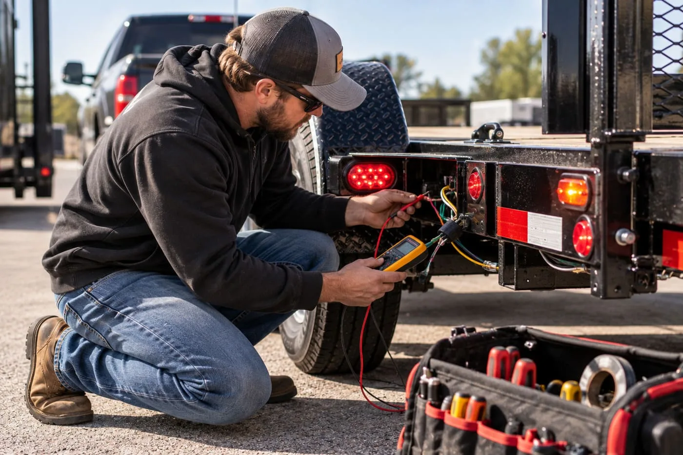 Mechanic diagnosing a trailer problem